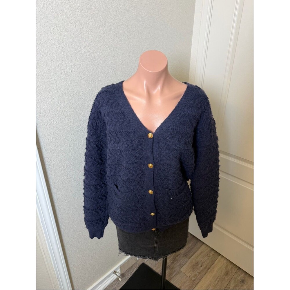 Petal & Pup Navy Textured V-Neck Button-Front Cardigan Sz S